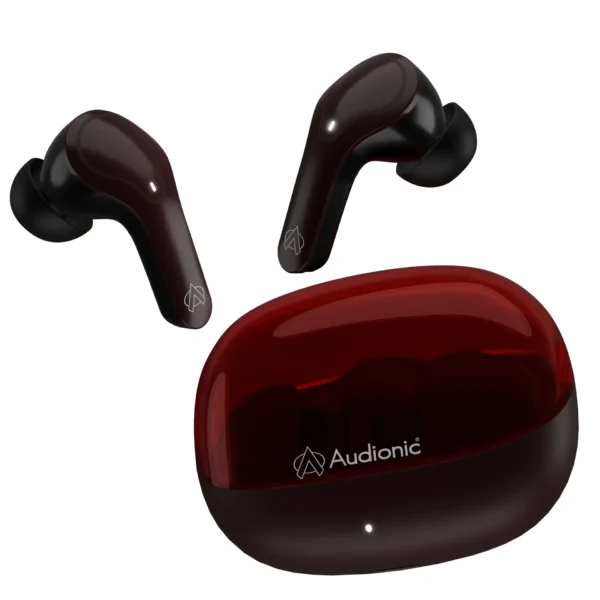 Audionic Airbud 730 premium wireless earbuds with red and black charging case, Bluetooth 5.0 connectivity, Pakistan