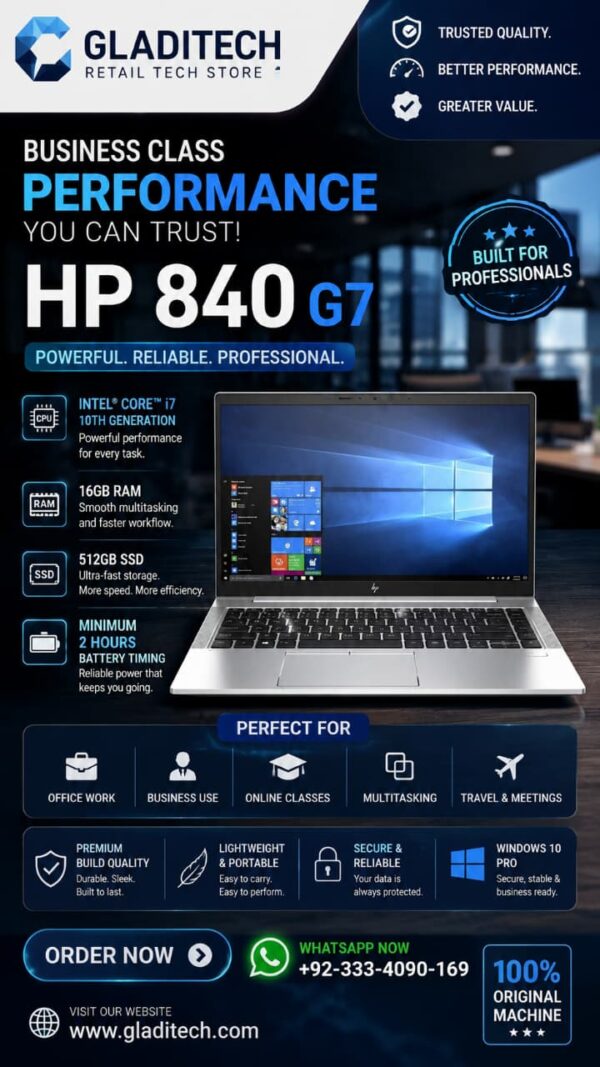 HP EliteBook 840 G7 Laptop Intel Core i7 10th Generation 16GB RAM 512GB NVMe SSD 14 Inch Full HD